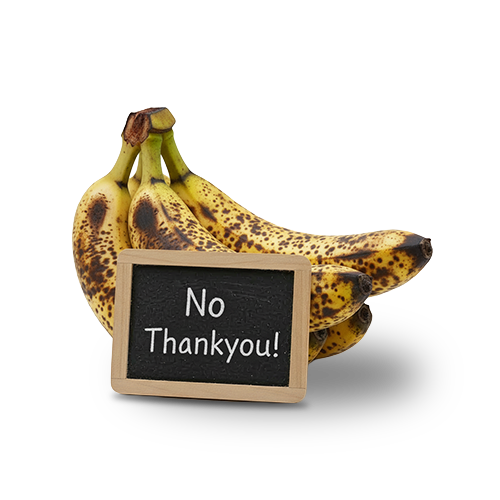 photo of manky bananas with a "no thankyou" sign on them
