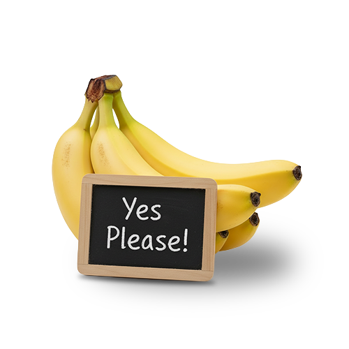 photo of perfect bananas with a "yes please" sign on them